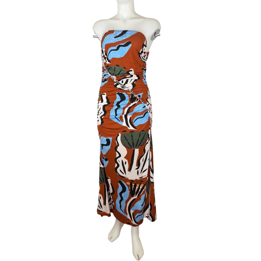 Celandine Suzanne Lustig Abstract Print Strapless Ruched Maxi Dress Brown Blue M